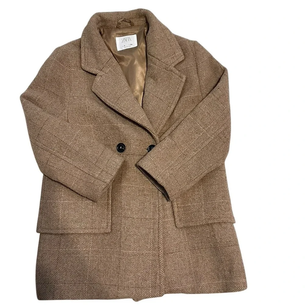 Zara Girls woll blend double‎ breasted coat size 9c/134 cm Pre Owned Beige/Tan